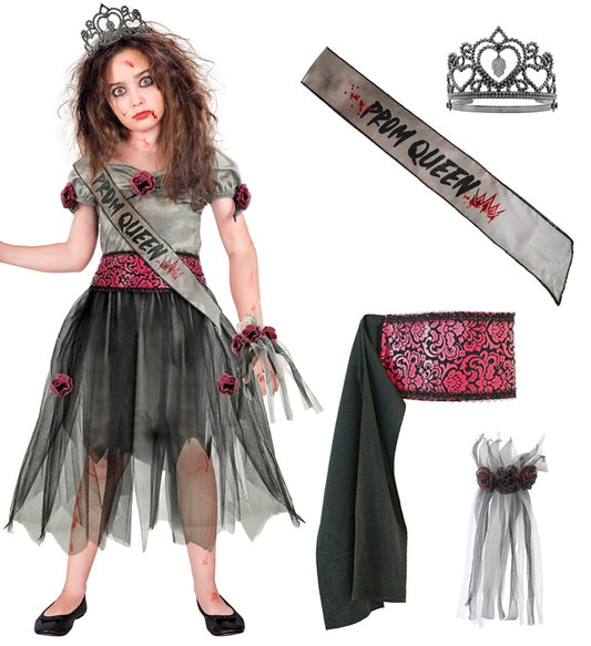 Zombie Schönheitskönigin Kostüm mit Tiara, Schärpe und handgefertigter Corsage