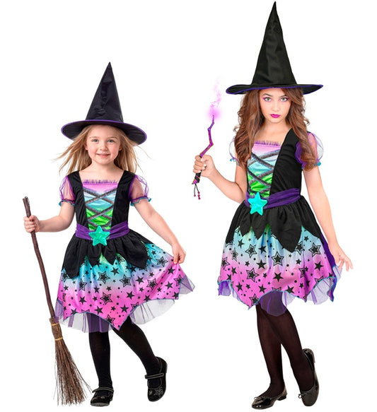 Hexen-Kostüm Set mit schwarzem Kleid und spitzem Hexenhut
