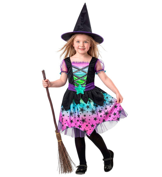 Hexen-Kostüm Set mit schwarzem Kleid und spitzem Hexenhut