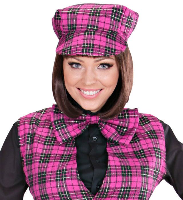 Pink karierte Tartanmütze mit passender Fliege als Fasnachtsaccessoire