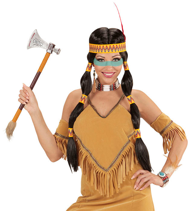 Squaw Indianerin Perücke mit Stirnband und bunter Feder in Geschenkbox