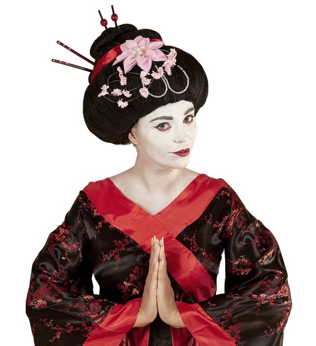 Geisha-Perücke mit schwarzen Haaren, Blumen und Stäbchen in traditionellem Stil