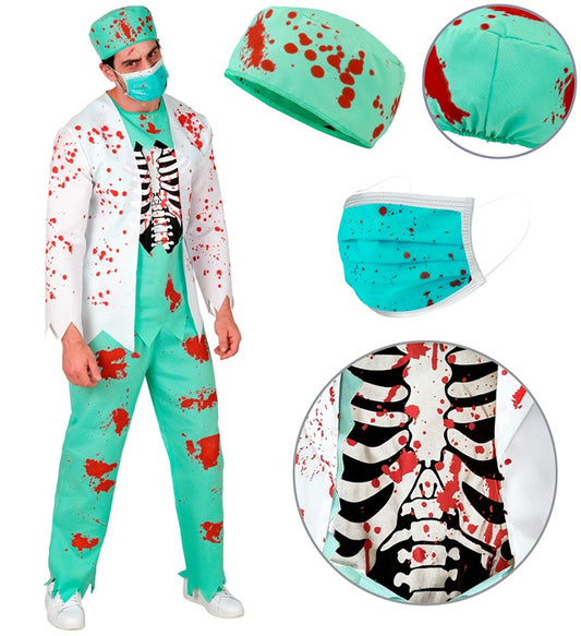 Zombie Doktor Kostüm mit Rippenknochen-Oberteil, Hose, Kopfbedeckung und Maske