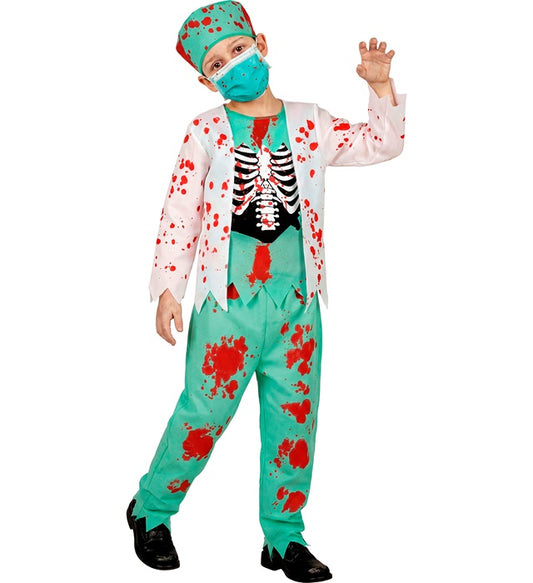 Zombie Doktor Kostüm mit Rippenknochen-Oberteil, Hose, Maske und Kopfbedeckung