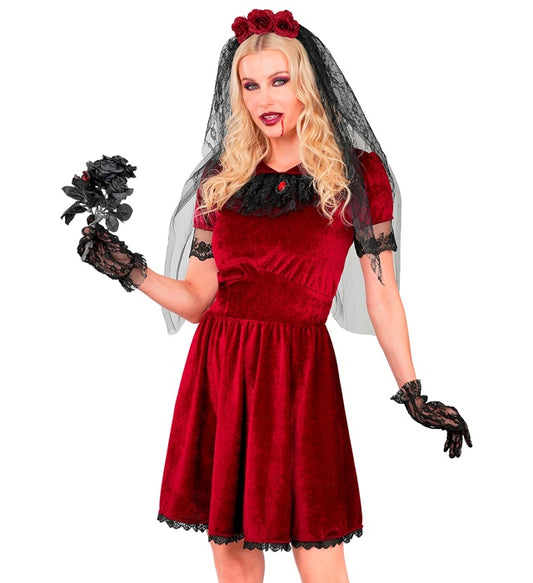 Gothic Vampirbraut Kostüm mit schwarzem Kleid, Schleier mit Blumen und Handschuhen