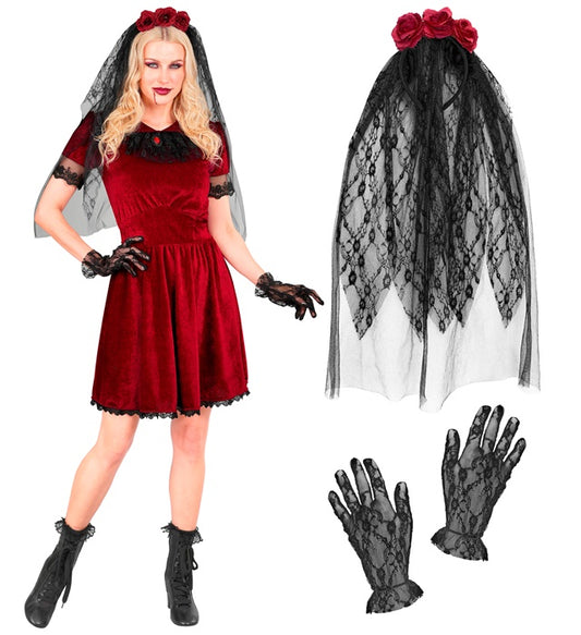Gothic Vampirbraut Kostüm mit schwarzem Kleid, Schleier mit Blumen und Handschuhen