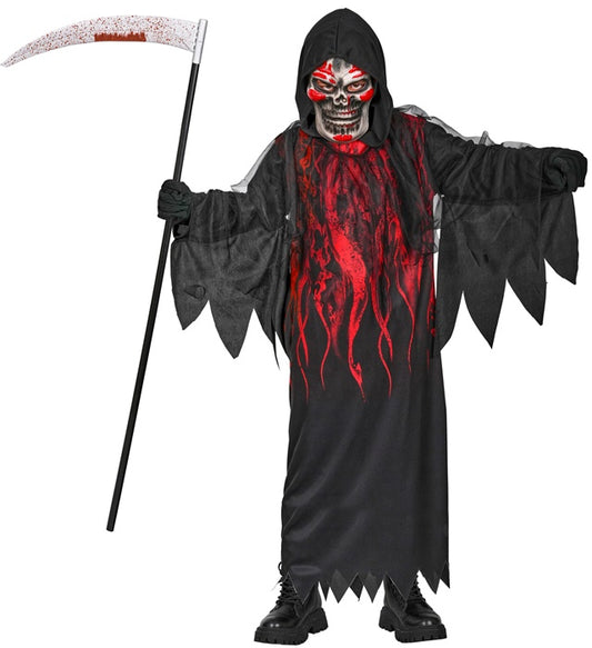 Teuflischer Sensemann mit schwarzer Kapuzenrobe und Maske auf Fasnacht