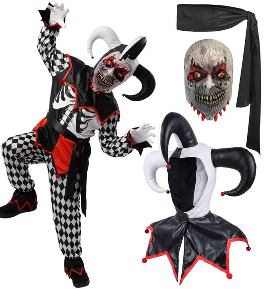 Böser Jester Fasnachtskostüm mit Maske, Hut, Oberteil, Hose und Gürtel