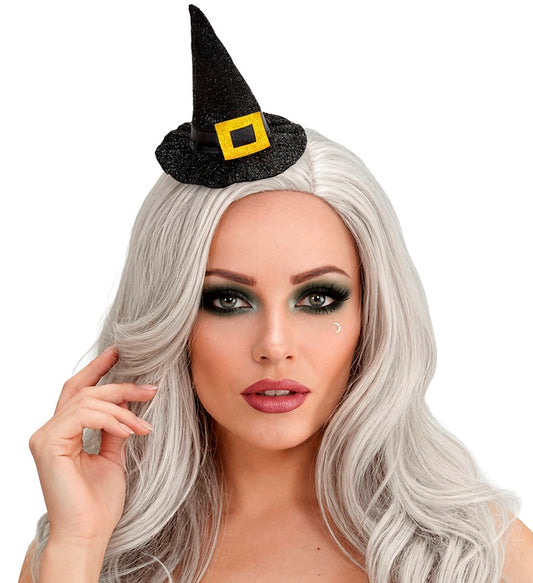 Mini schwarzer Hexenhut als Kostümzubehör für Fasnacht und Halloween