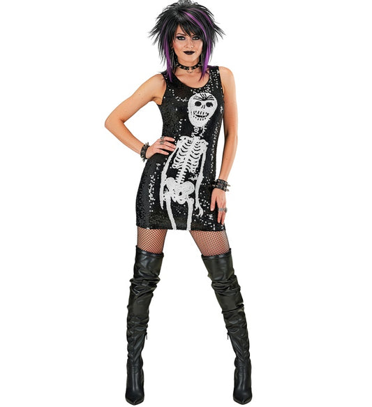 Paillettenkleid mit Skelett-Design in Schwarz und Silber
