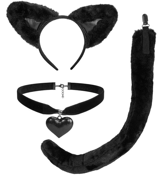 Katzen-Set mit Ohren, Halsband und Schwanz für Fasnacht-Kostüm