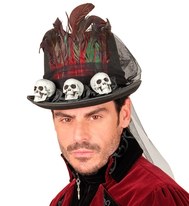 Voodoo Zylinder mit Totenköpfen als Halloween- und Fasnacht-Accessoire