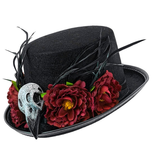 Voodoo Zylinder mit Geierschädel und Blumen 12 cm, Halloween Accessoire