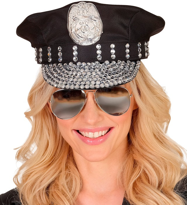 Strass Polizeimütze mit glitzernden Steinen für Fasnacht und Karneval