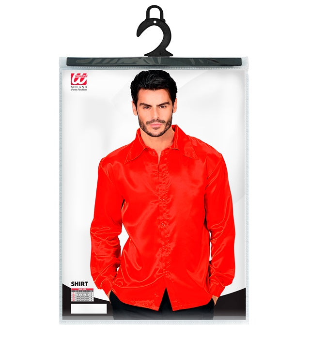 Rotes 70er Jahre Discohemd aus glänzendem Satin mit weitem Kragen