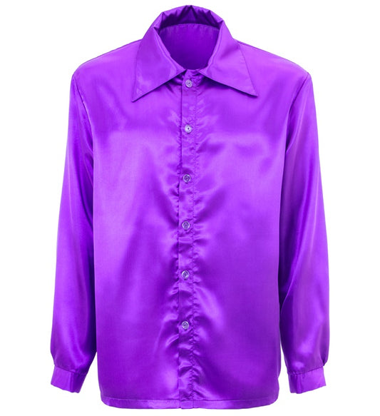Lila Discohemd im 70er Jahre Stil aus glänzendem Satin