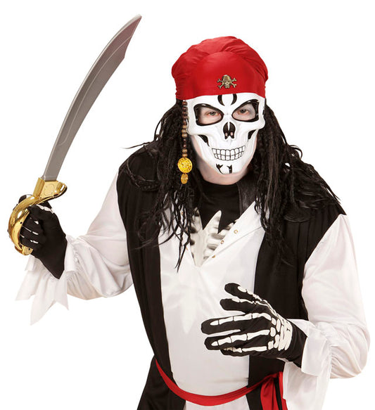 Piraten Halbmaske Totenkopf mit rotem Bandana, Bart und goldenen Dublonen