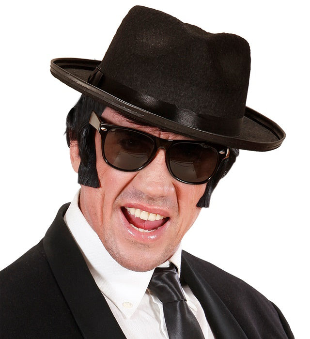Blues Man Fasnacht-Set mit schwarzem Hut und markanter Brille