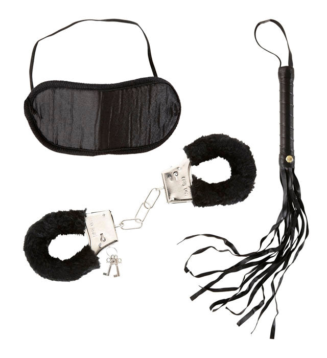 Dominatrix-Set mit plüschbezogenen Handschellen, schwarzer Augenbinde und schwarzer Peitsche