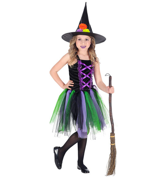 Hexen-Kostüm mit schwarzem Kleid, farbigem Tutu und spitzem Hut für Fasnacht