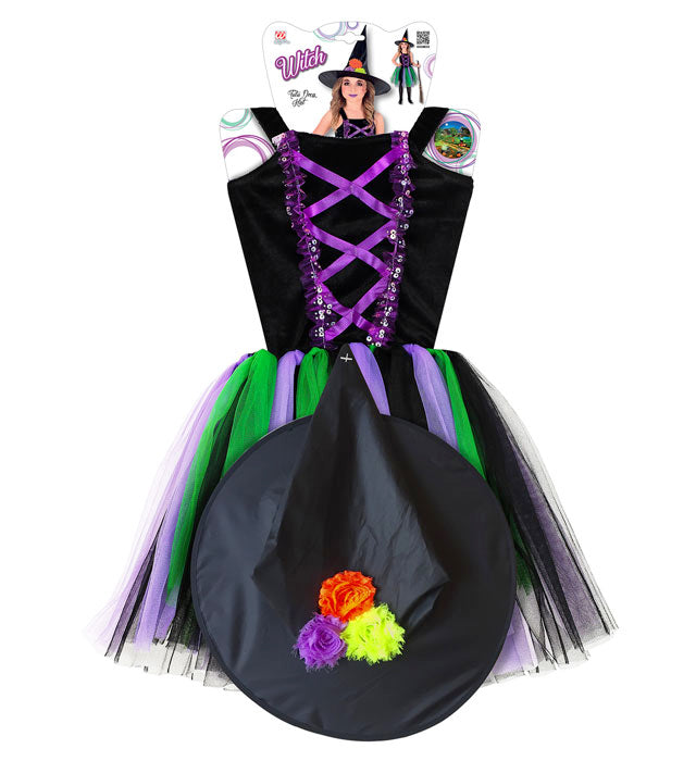 Hexen-Kostüm mit schwarzem Kleid, farbigem Tutu und spitzem Hut für Fasnacht