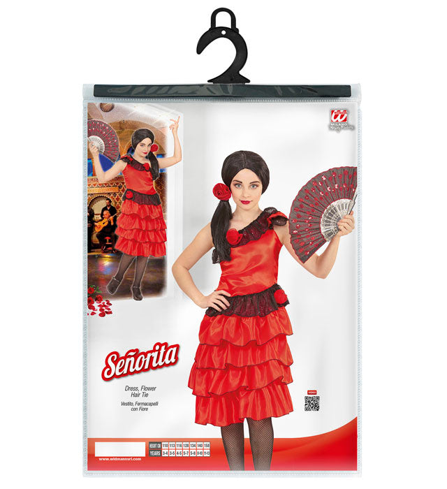 Senorita Kostüm bestehend aus Kleid und Haarspange mit Blume für Fasnacht
