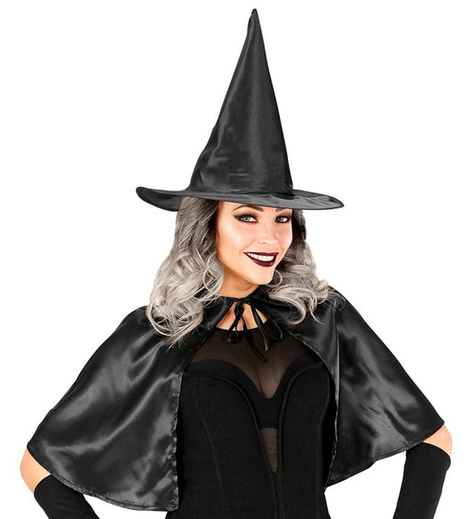 Schwarzer Hexen-Umhang mit spitzem Hut für Halloween und Fasnacht