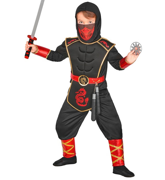 Ninja-Kostüm mit Kapuzenoberteil, Rüstung, Hose und Maske auf weißem Hintergrund