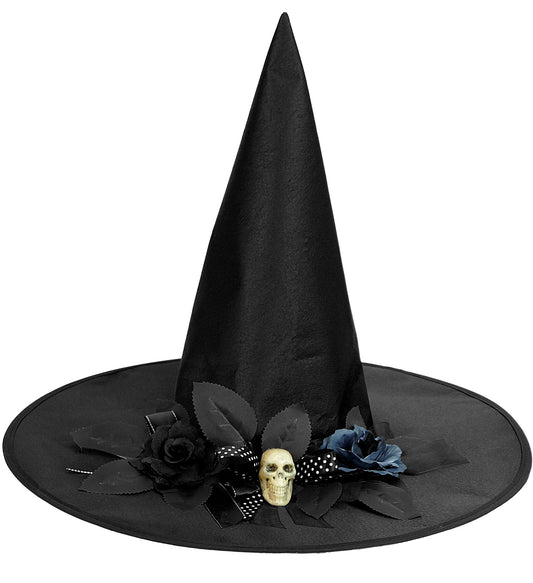 Hexenhut mit Totenkopf, Schleifen Deko und blumen Schwarz