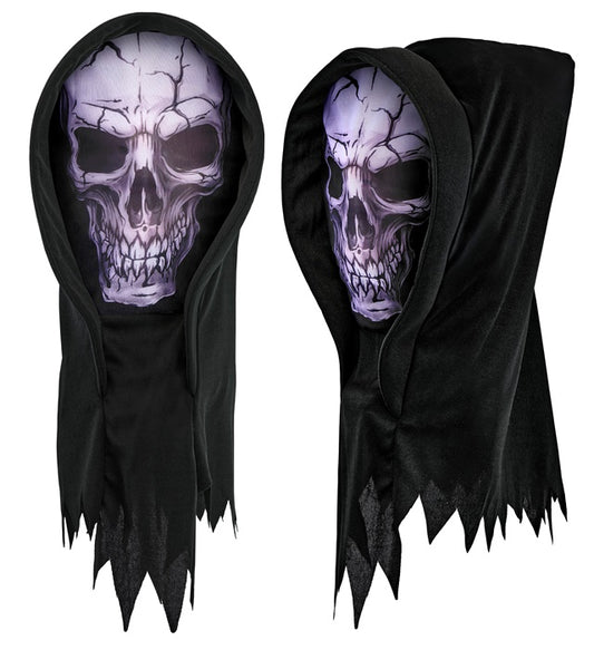 Totenkopfmaske mit schwarzer Kapuze für Halloween und Fasnacht