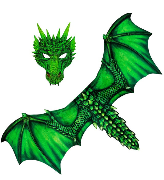 Drachen-Kostüm mit grünen Flügeln und passender Drachenmaske