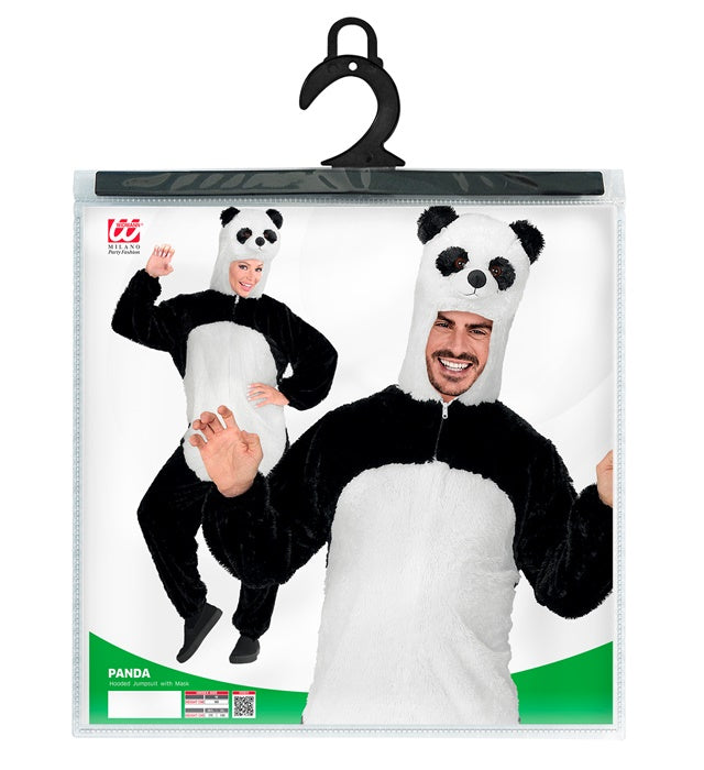Panda Plüschkostüm mit Kapuze und Maske auf weißem Hintergrund
