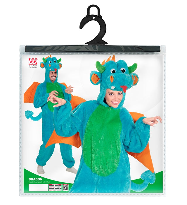Weiches Drachen-Plüschkostüm mit Kapuze und Maske auf weissem Hintergrund
