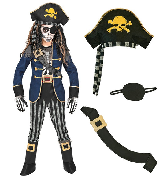Skelett Piratenkapitän Kostüm mit Mantel, Hose, Piratenhut und Schwertscheide