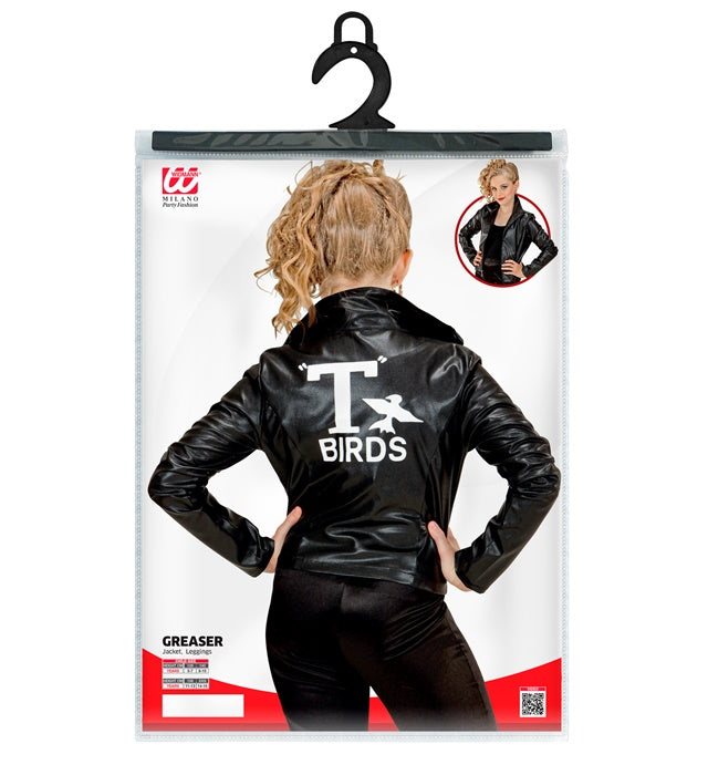 Greaser Girl Kostüm bestehend aus schwarzer Jacke und Leggings im Retro 50er-Jahre-Stil