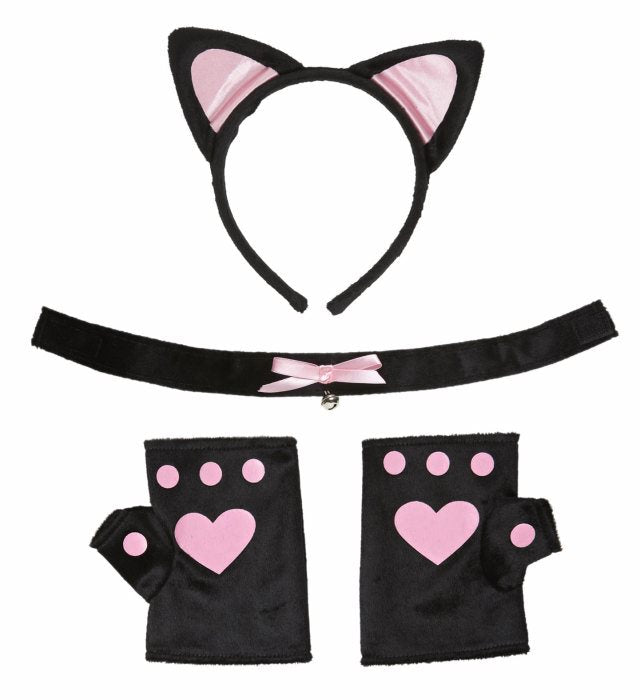Rosa Katzen-Set mit Ohren, Halskette und Handschuhen auf weißem Hintergrund