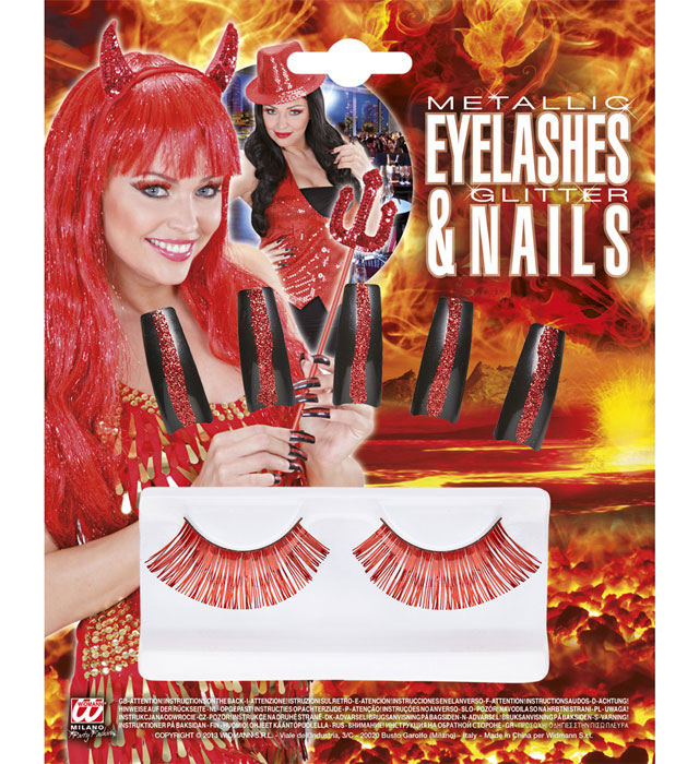 Set mit metallisierten Wimpern und roten Kunstnägeln als Kostümzubehör