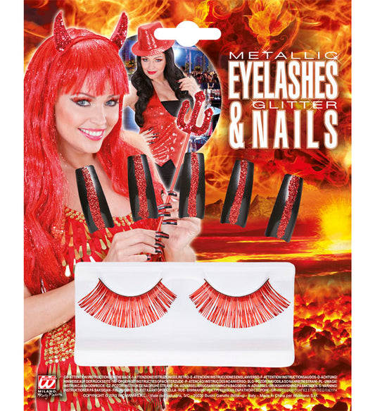 Set mit metallisierten Wimpern und roten Kunstnägeln für Fasnacht