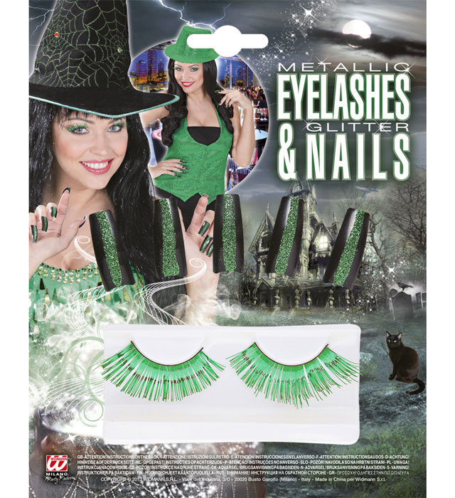 Set mit metallisierten Wimpern und grünen Nägeln als Halloween-Kostümzubehör