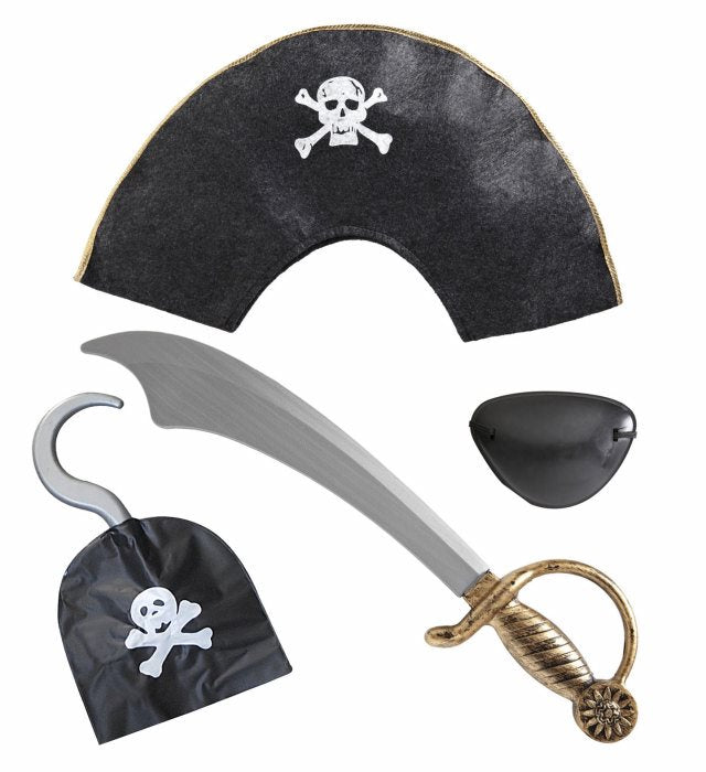 Piraten-Set mit Hut, Säbel, Augenklappe und Haken für Fasnacht und Karneval