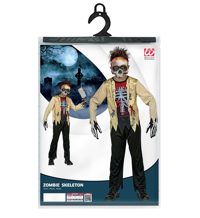 Zombie Skelett Kostüm Komplettset mit Maske, Oberteil und Hose auf schwarzem Hintergrund