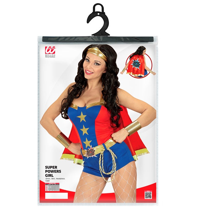 Super Power Girl Kostüm mit Kleid, Gürtel, Stirnband und Umhang