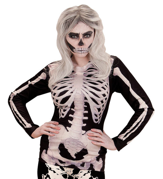 Damen Longsleeve mit Skelettfrau Motiv für Halloween und Fasnacht