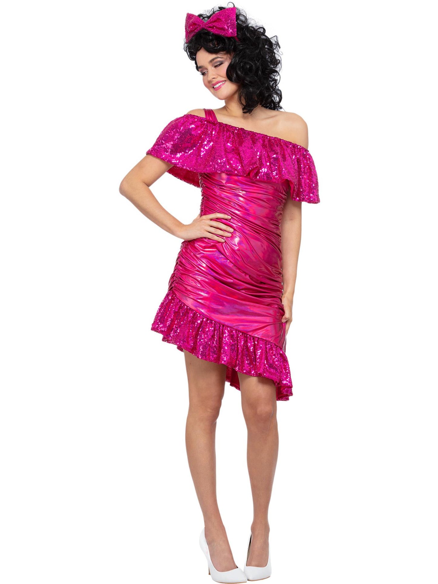 Smiffys pinkes 80er-Jahre Cocktailkleid-Kostüm für Damen mit Headband