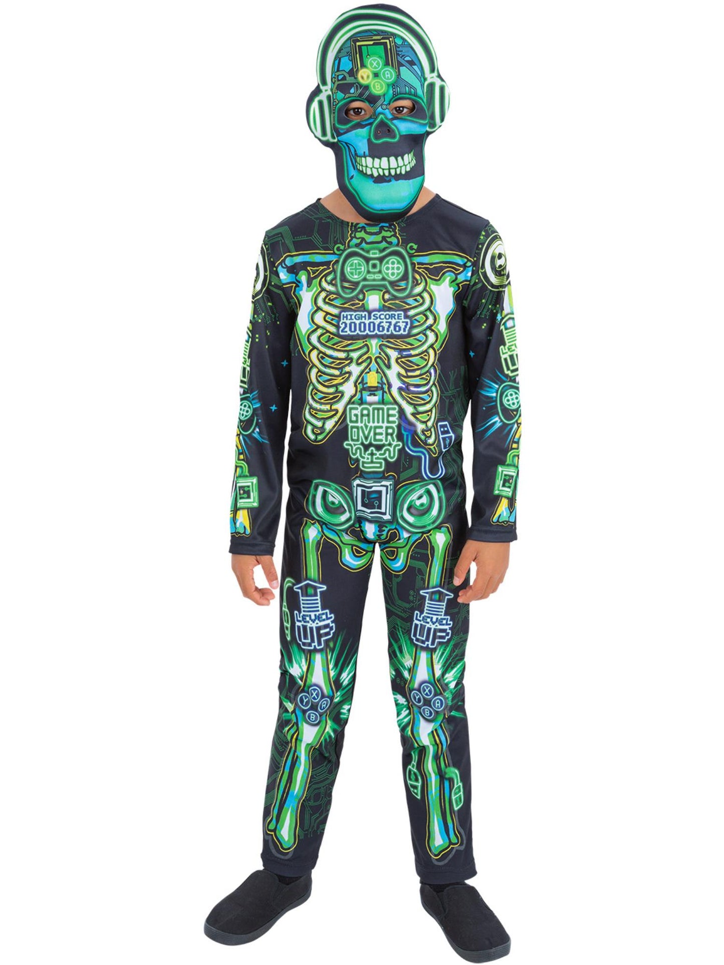 Smiffys Skeleton Gamer-Kostüm für Kinder mit Glow-in-the-Dark-Effekt und Maske