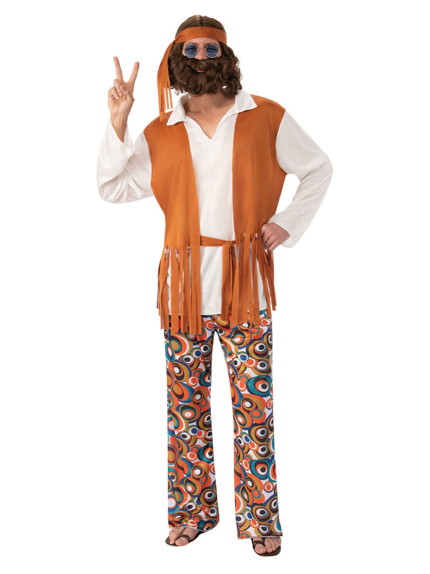 Rubies Hippie-Man-Kostüm für Herren mit Hemd, Weste, Hose, Stirnband und Gürtel