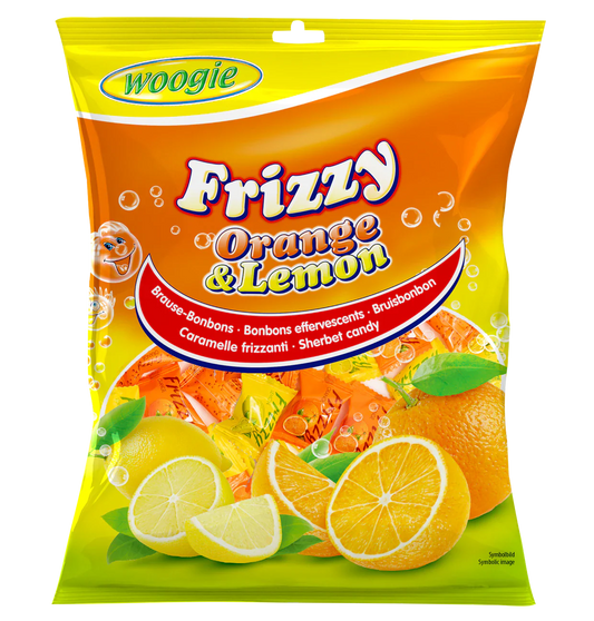 Woogie Bonbons Frizzy Orange & Lemon 170g mit prickelndem Orangebrausepulver – Produktansicht