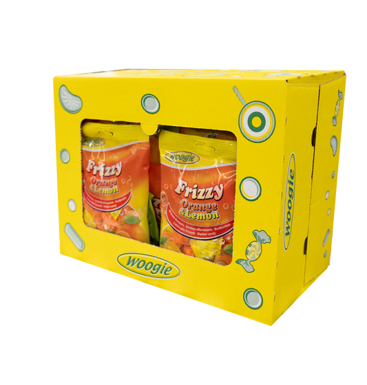Woogi Bonbons Frizzy Orange & Lemon 170g Das prickelt ganz schön gefüllt mit Orange Brausepulver.