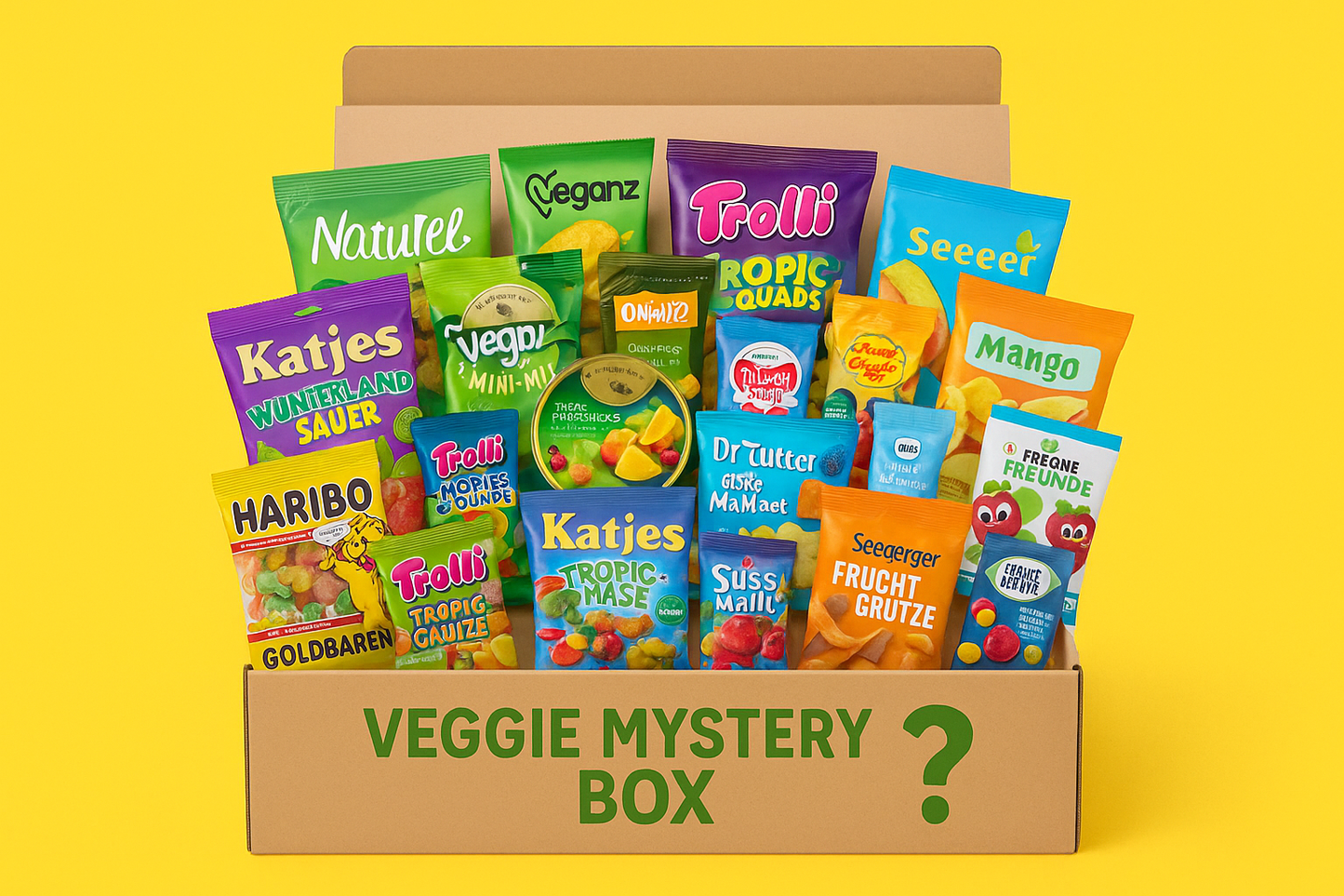 Monatsbox mit bunten, veganen Fruchtgummis in verschiedenen Geschmacksrichtungen.