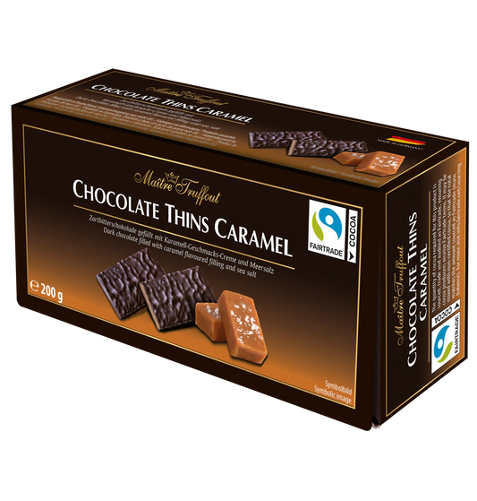 Maître Truffout Chocolate Thins Caramel Zartbitter Schokolade Täfelchen 200g – Produktansicht